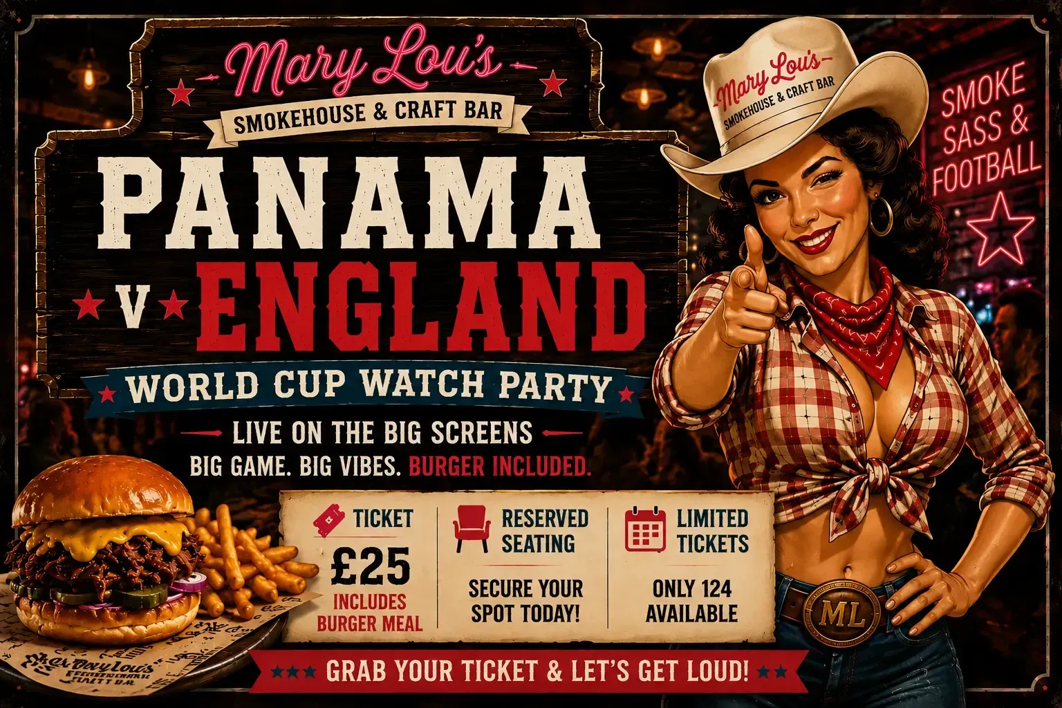 Vintage-style poster for Mary Lou’s birthday party: Panama vs England, with a smiling cowgirl and event details.