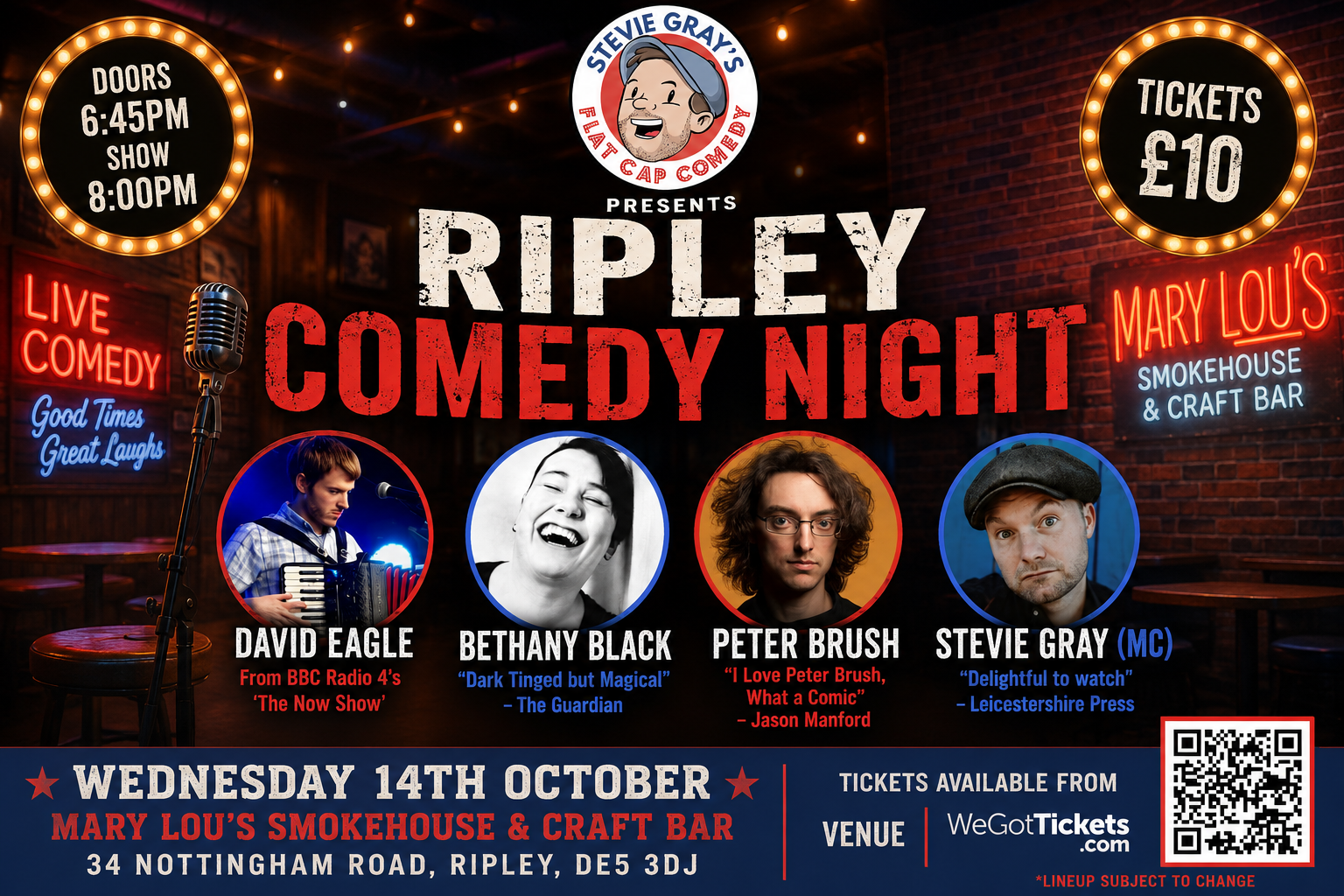 Ripley Comedy Night poster with comedian headshots, neon lights, and October 14 event details