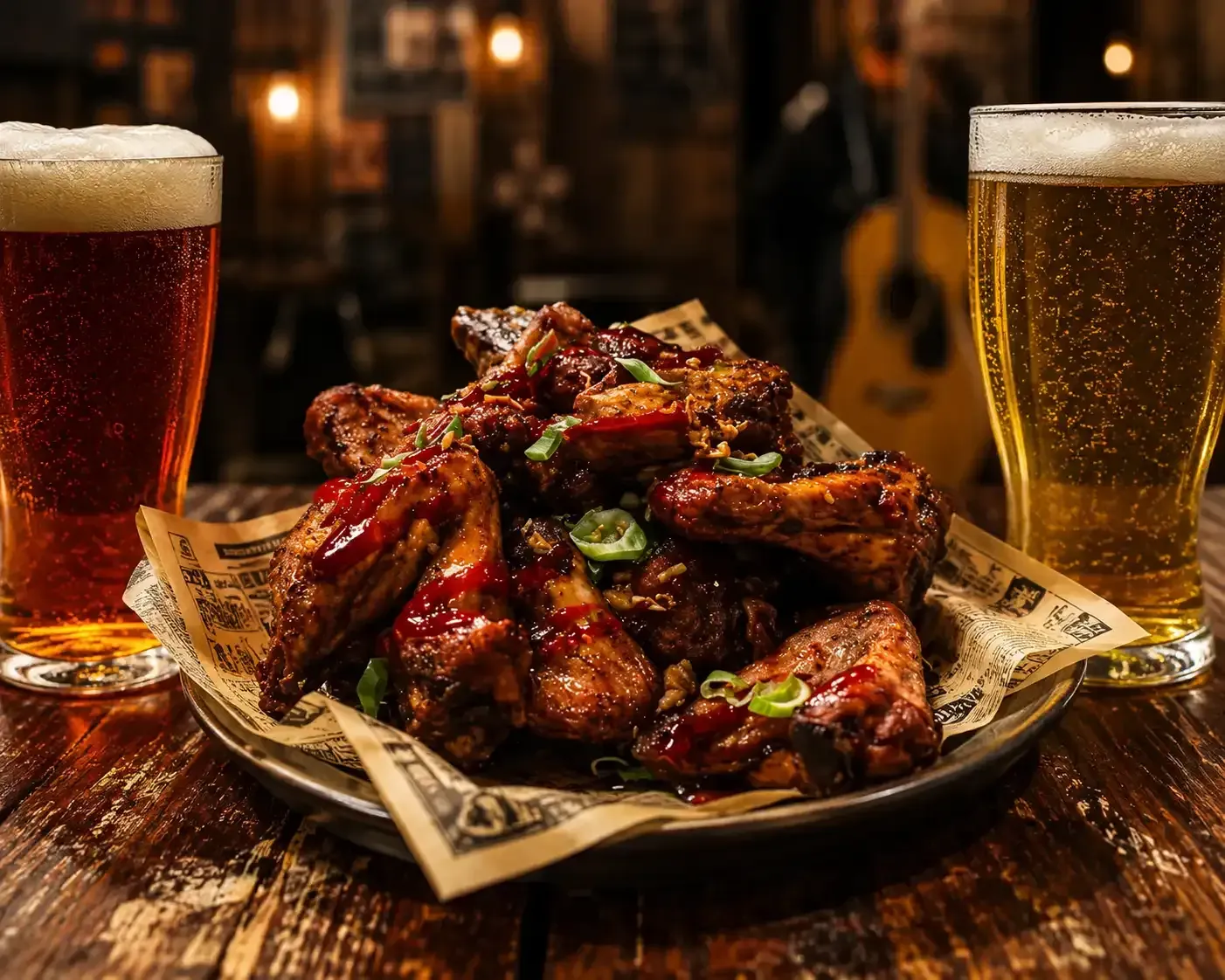 Plate of glazed chicken wings with two pints of beer on a rustic wooden table in a dim pub