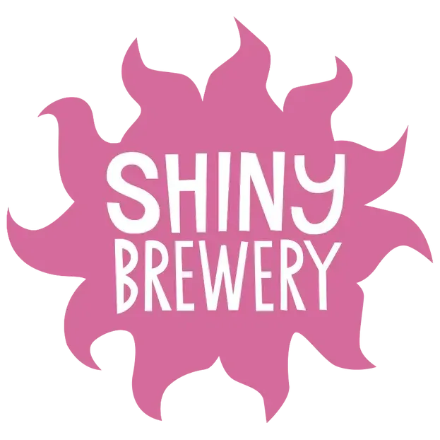 Pink sunburst logo with white text reading “SHINY BREWERY”
