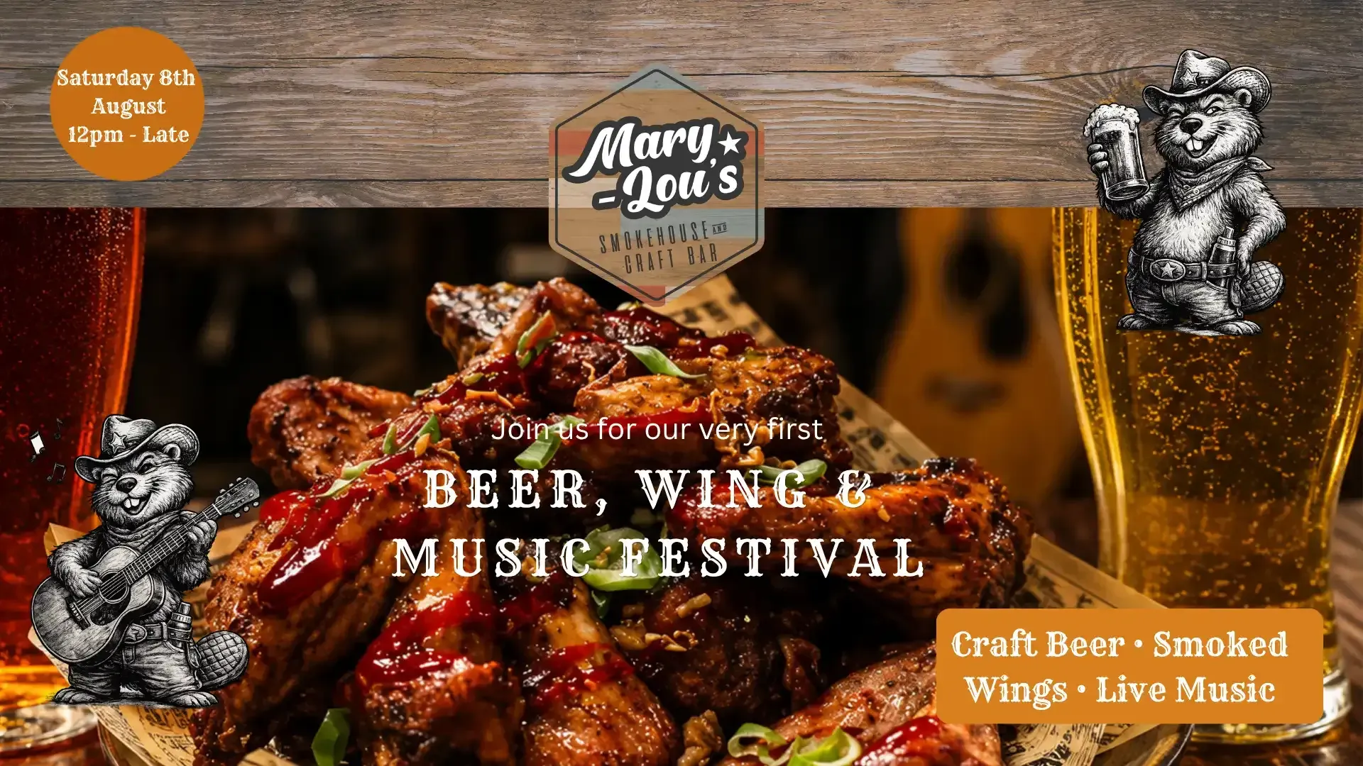Beer, wings, and music festival promo with beer, grilled wings, and live music on a rustic background