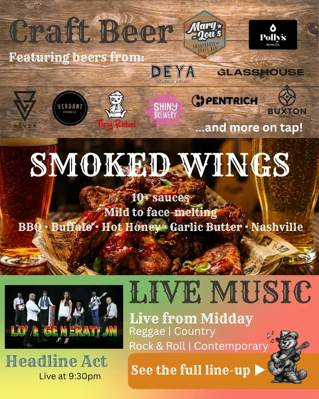 Craft beer and smoked wings event flyer with live music, brewery logos, and lineup details on wood background