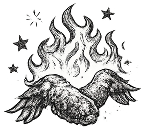 Black-and-white sketch of a flaming winged hand with stars around it