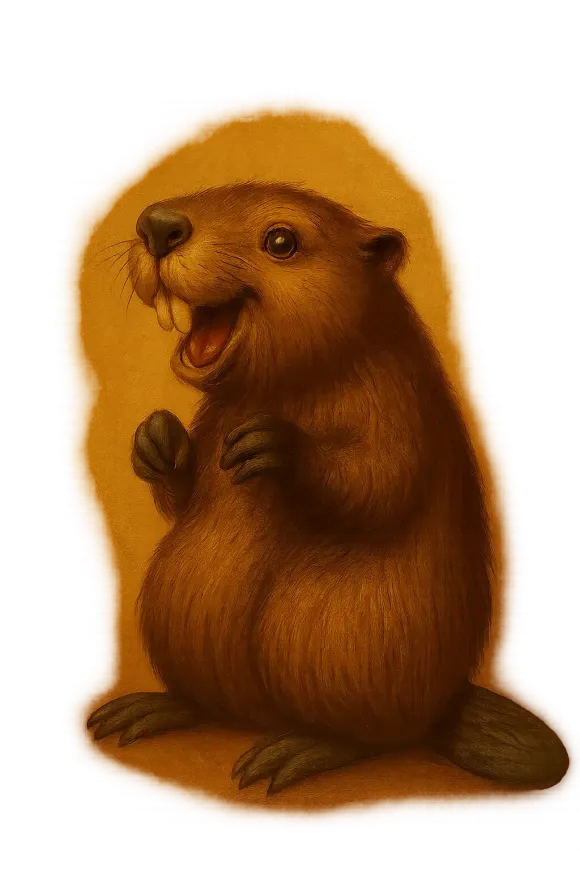 Brown beaver standing upright, smiling with paws raised, against a white background