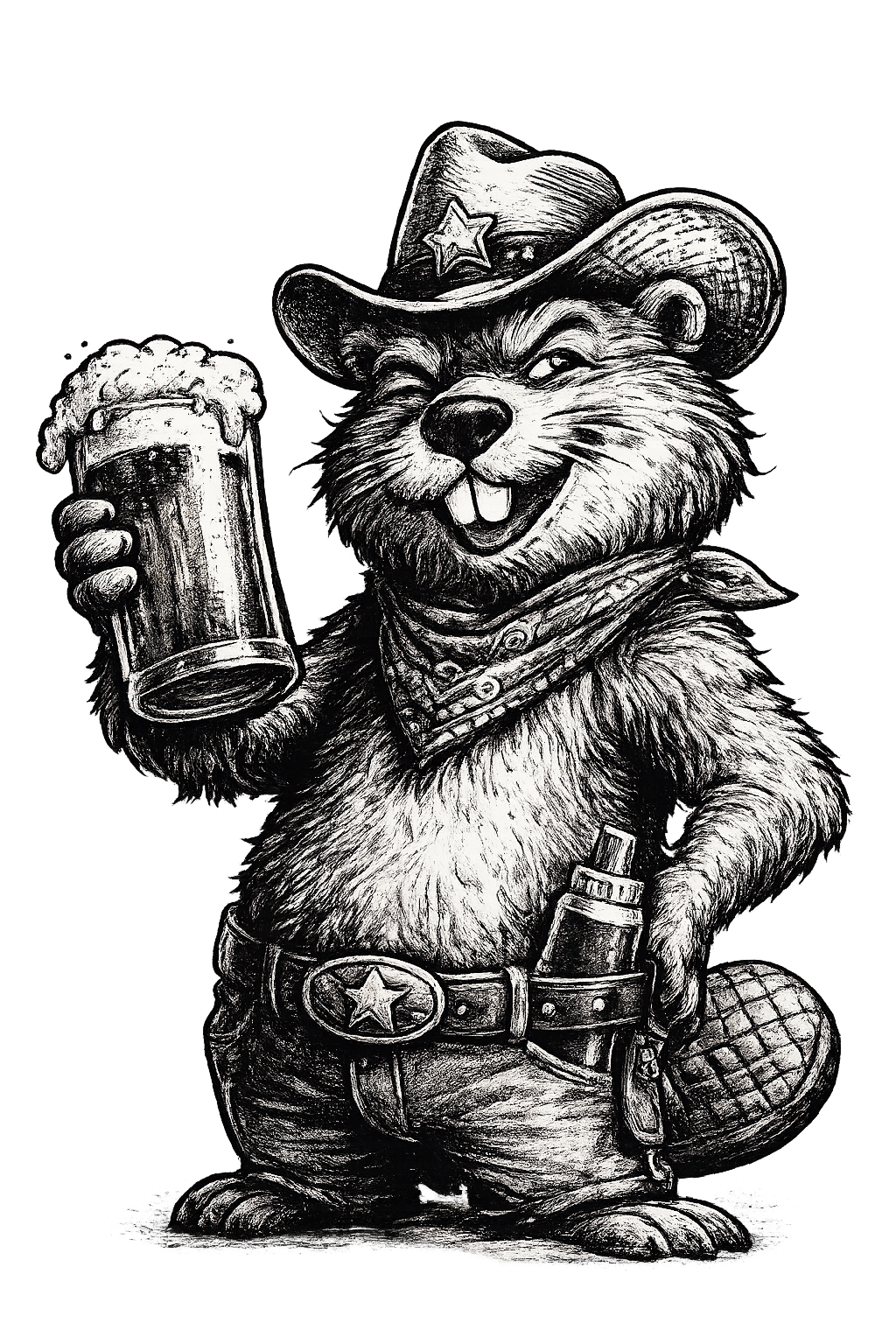 Cartoon bear in a cowboy hat holding a beer mug and wearing a bandana, with a ball and chain on its leg.