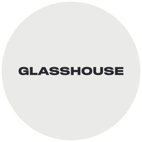 GLASSHOUSE logo in dark text on a light gray circular background