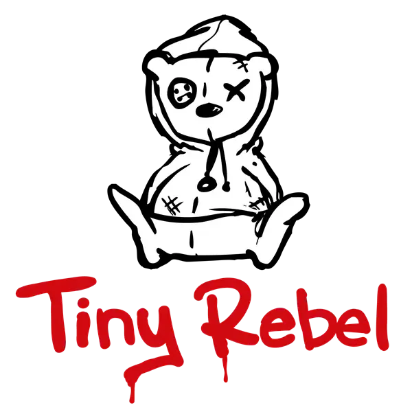 Black-and-white cartoon rebel with red “Tiny Rebel” text underneath