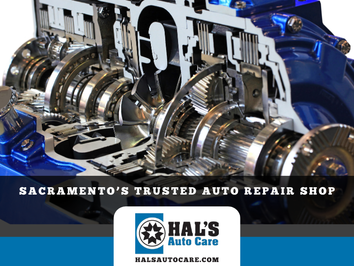 Cutaway view of a blue transmission with gears; Hal's Auto Care logo,