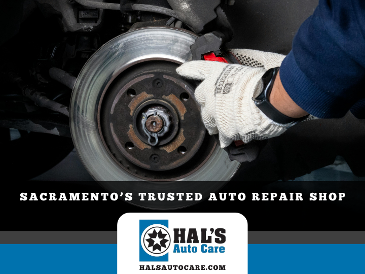 Mechanic working on a car's brake disc with white gloves. Hal's Auto Care logo;