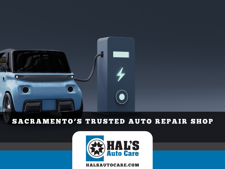 Blue electric car charging at station, Hal's Auto Care logo at the bottom.
