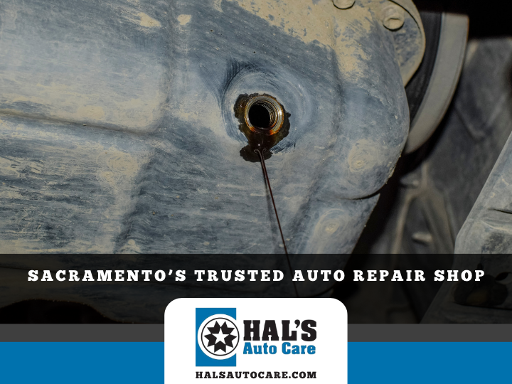 Oil draining from a car's oil pan during a service at Hal's Auto Care, Sacramento. | Hal's Auto Care