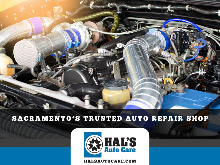 Engine bay with Hal's Auto Care logo. Sacramento auto repair shop advertisement. | Hal's Auto Care