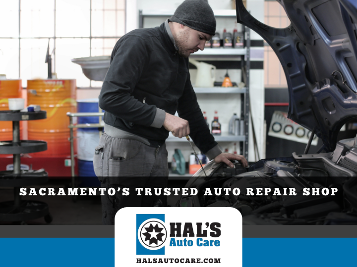 Mechanic working on a car engine in a repair shop. Hal's Auto Care logo with text, 