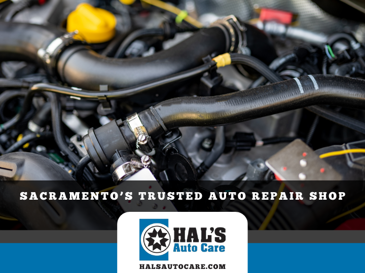 Car engine with a Hal's Auto Care logo; Sacramento's trusted auto repair shop.