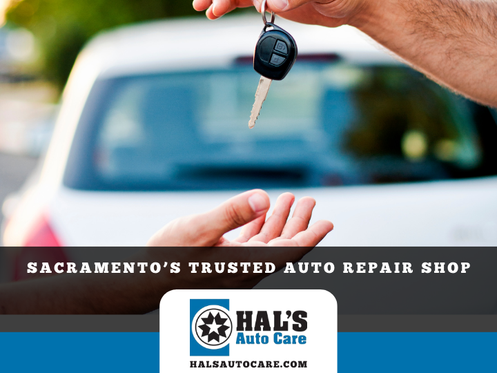 Handing over car keys, Hal's Auto Care logo, Sacramento’s trusted auto repair shop, blue and white colors.