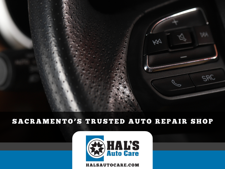 Black steering wheel with controls. Hal's Auto Care logo at the bottom.