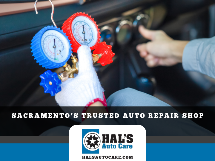 Person in white glove checks car's AC gauges in a Sacramento auto shop. Hal's Auto Care logo.