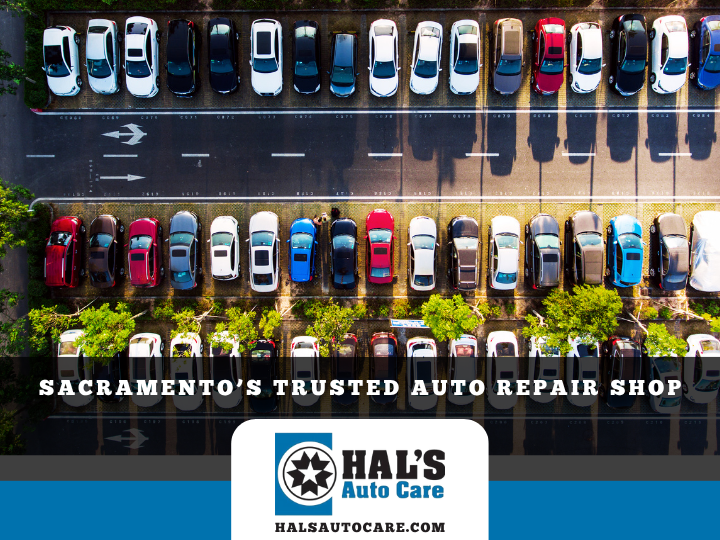 Overhead view of parked cars in a lot; ad for Hal's Auto Care in Sacramento.