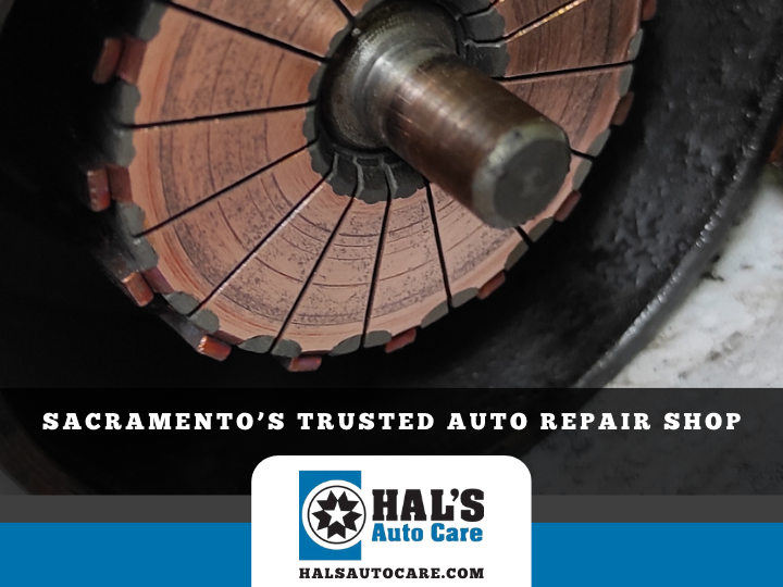Close-up of an armature with copper segments. Hal's Auto Care logo,