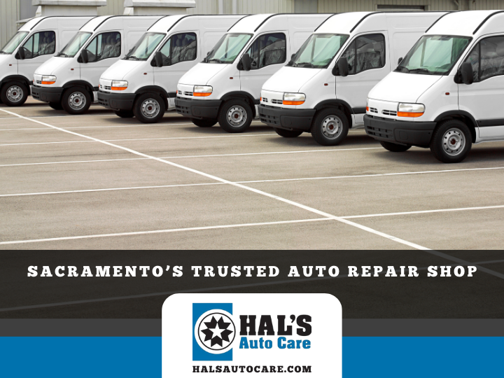 White vans parked, advertising Hal's Auto Care. Sacramento's trusted auto repair shop.