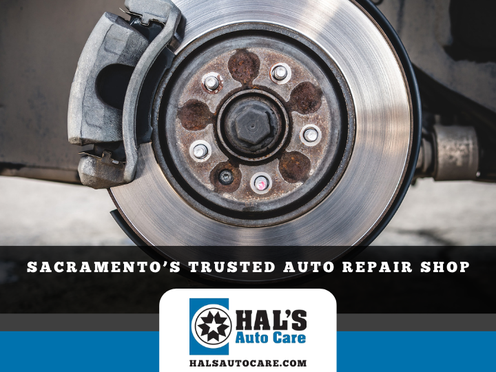 Brake disc with caliper, and Hal's Auto Care logo on a dark gray and blue background.