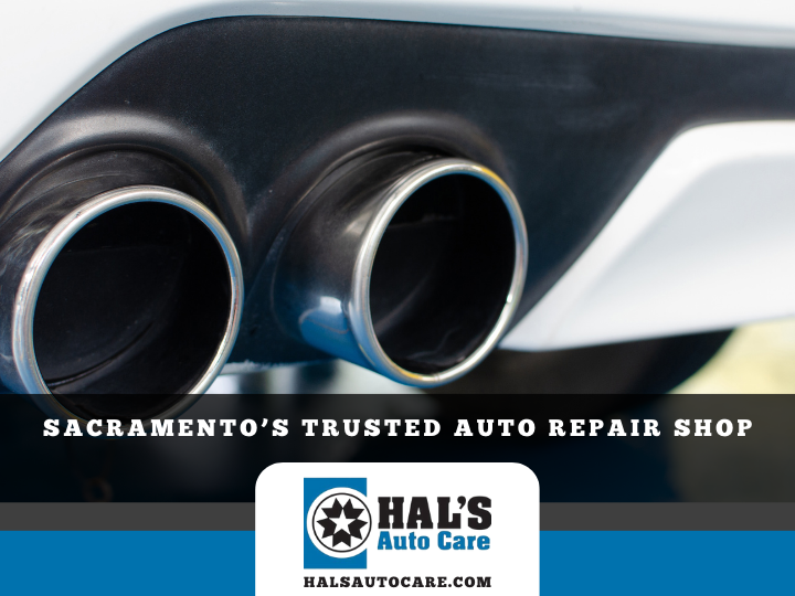 White car's dual exhaust with Hal's Auto Care logo, text reads