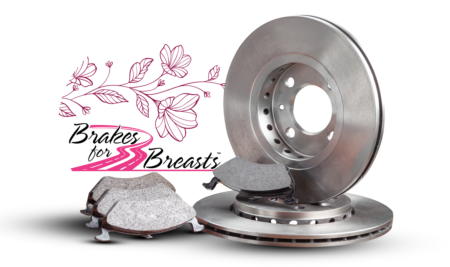 Brakes for Breasts: Car brake rotors, pads, and logo with pink flowers and text.