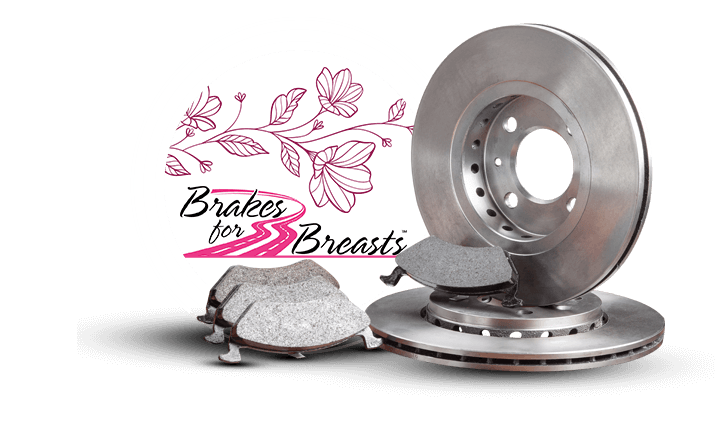 Brakes for Breasts campaign graphic: brake rotor, pads, and pink logo on a white background. | Hal's Auto Care