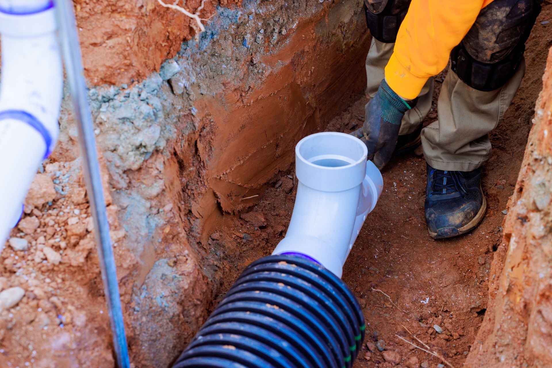 Construction worker connecting white PVC pipe to corrugated black drainage pipe in a dirt trench.