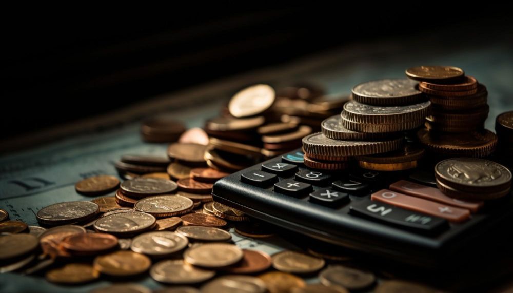 Moedas empilhadas sobre e ao redor de uma calculadora, sugerindo cálculos financeiros.