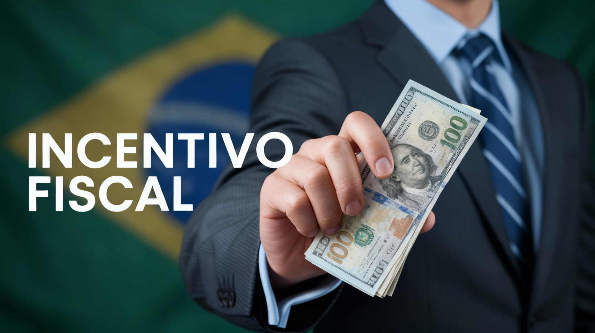 Homem de terno segurando dinheiro, com o texto 