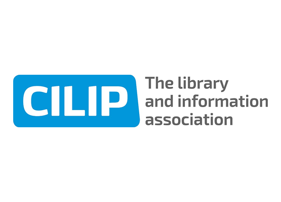 The logo for the library and information association is blue and white.