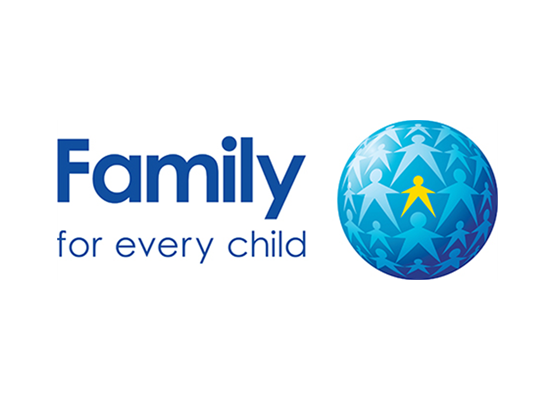 The family for every child logo is a blue globe with people holding hands around it.
