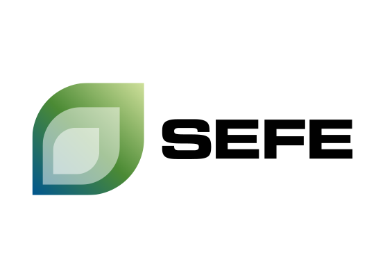 A logo for sefe with a green leaf on a white background.