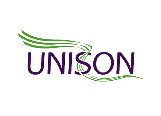 A logo for a company called unison with a green and purple swirl.