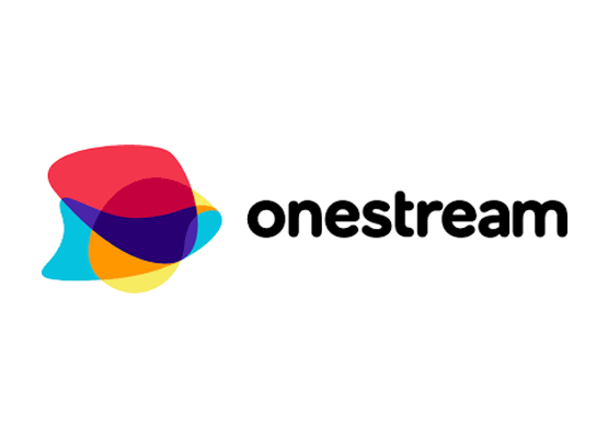 The logo for onestream is colorful and has a colorful arrow pointing to the right.