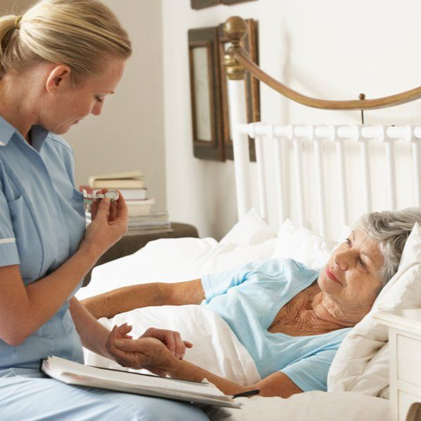 A caregiver in blue scrubs takes the pulse of a patient lying in a bed, holding a pen in her other hand.