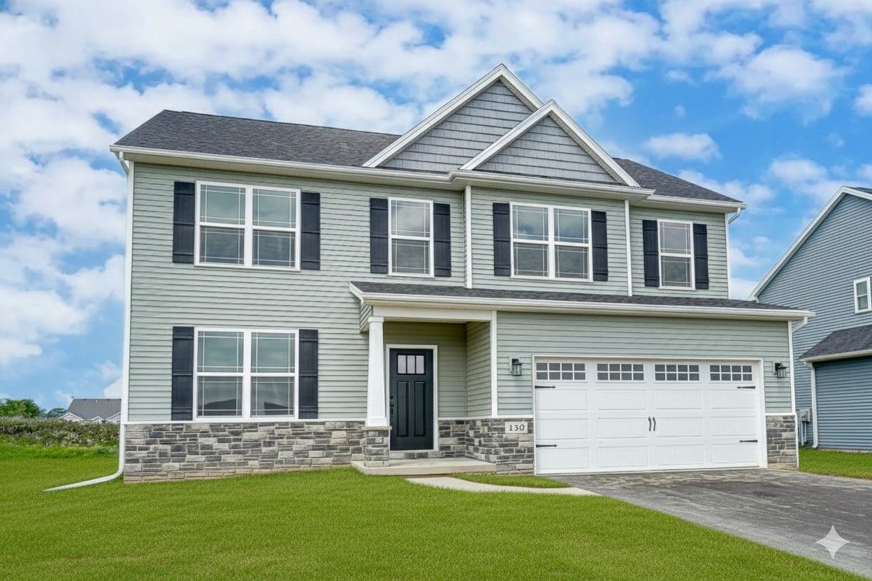 A blue house with a white garage door is covered in snow