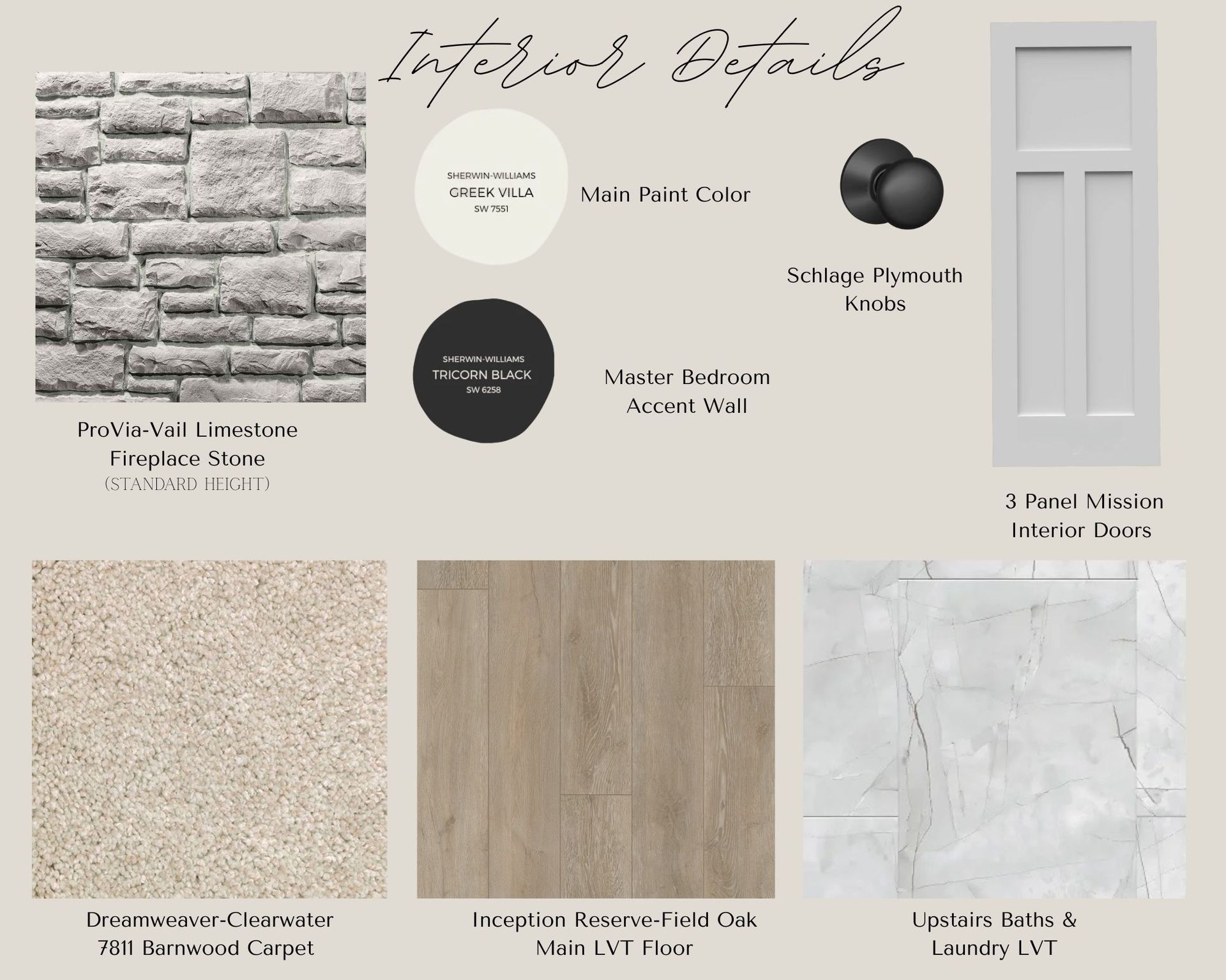 Interior design details. Stone wall, paint swatches, door, carpet, wood flooring, and marble tile samples.