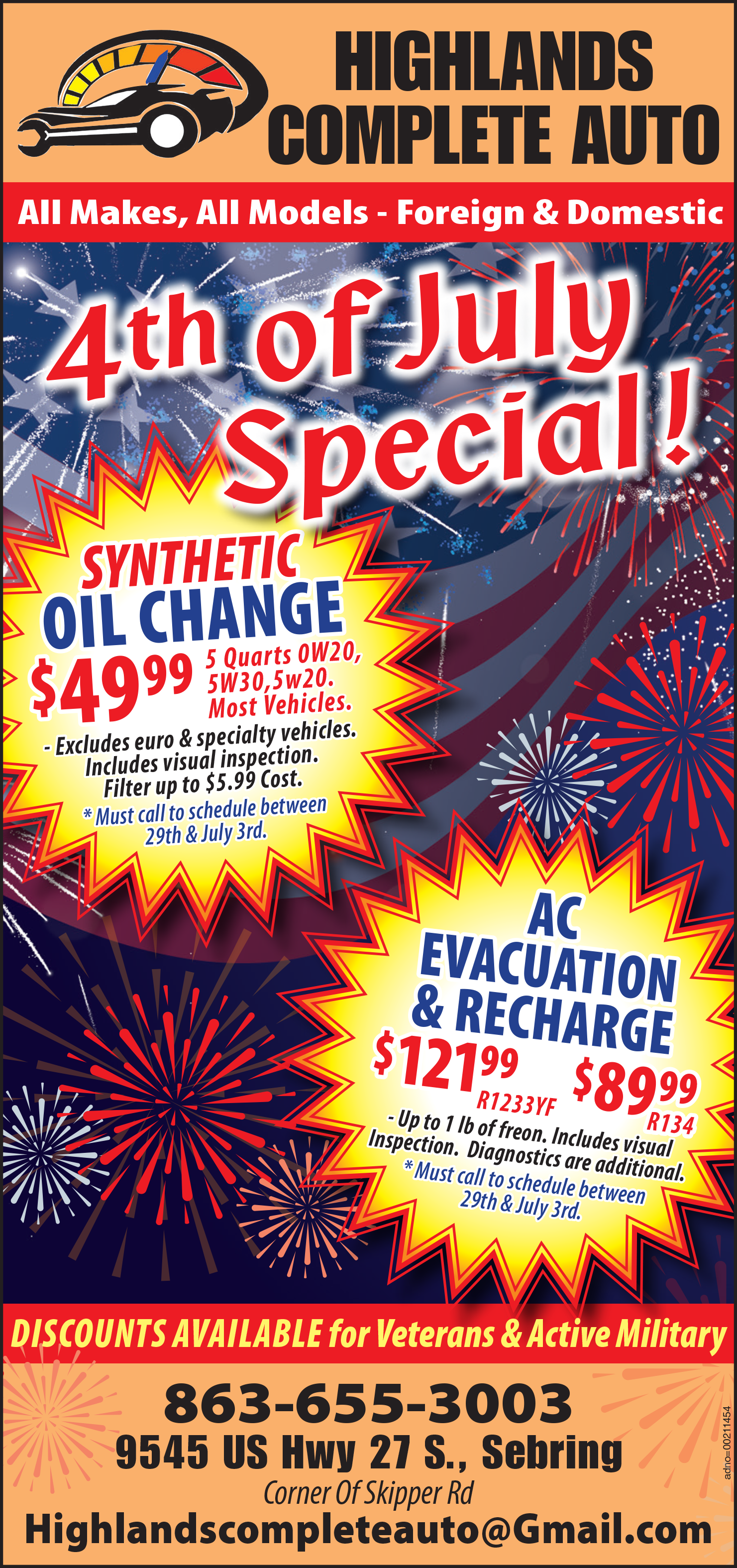 Highlands Complete Auto 4th of July special ad with oil change and A/C recharge prices, red-white-blue fireworks design | Highlands Complete Auto