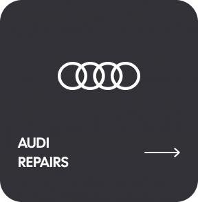 Audi Repairs icon. Black background with Audi rings logo and text, 