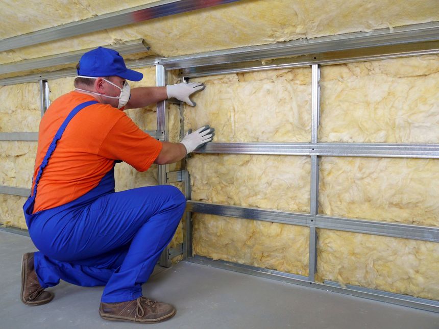 Operaio che installa l'isolamento tra i montanti metallici di una parete, indossando dispositivi di sicurezza e abiti da lavoro.