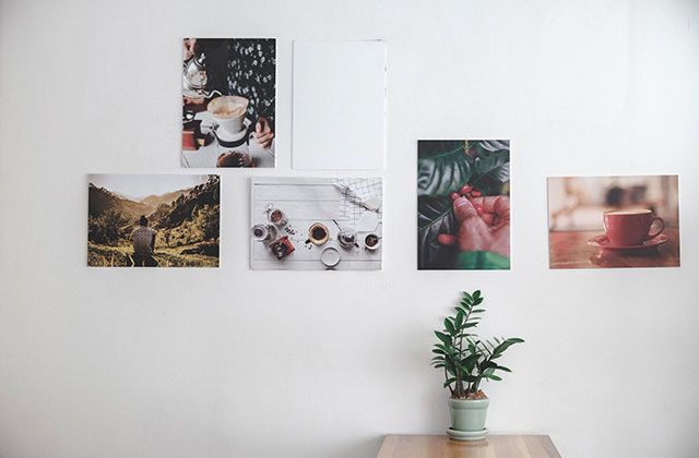 Il y a beaucoup de tableaux sur le mur et une plante sur la table.