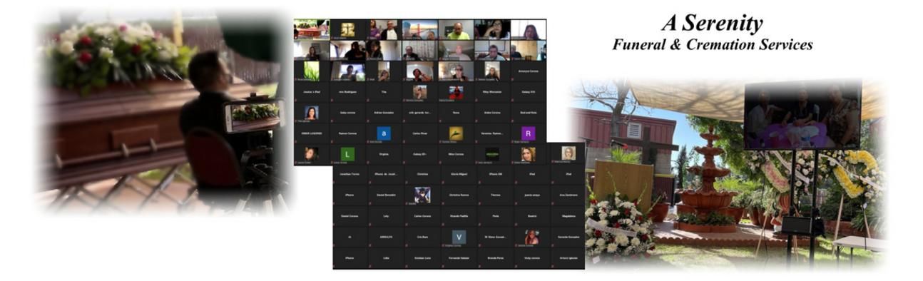 A collage showing a casket, a virtual meeting grid, and an outdoor memorial fountain for A Serenity Funeral Services.