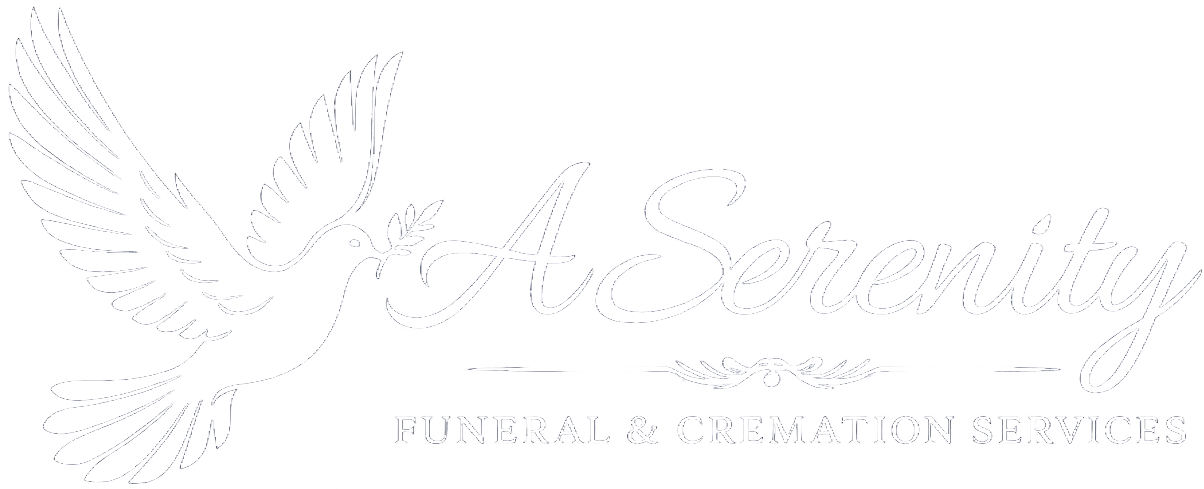 A white logo for Serenity Funeral & Cremation Services featuring a stylized dove in flight.