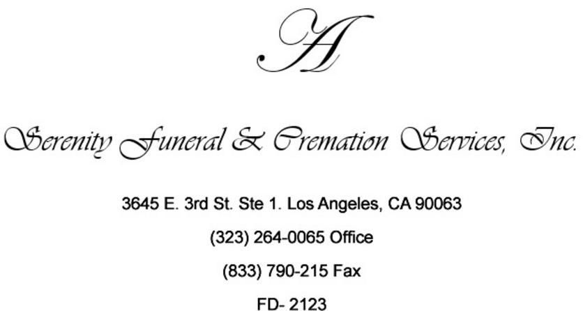 Logo and contact information for Serenity Funeral & Cremation Services, Inc. in Los Angeles, CA.