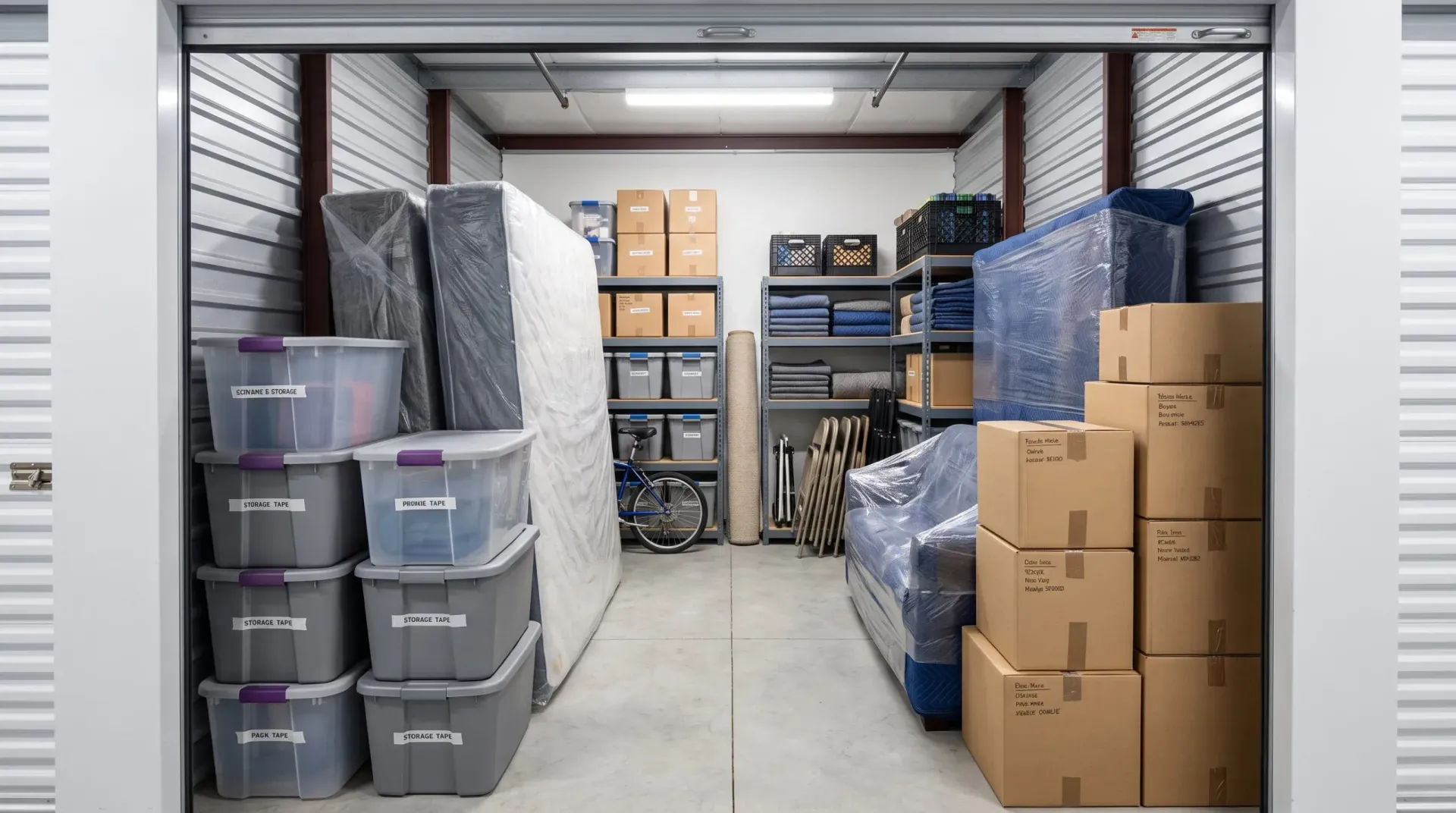 Labeled storage boxes stacked in a clean storage unit