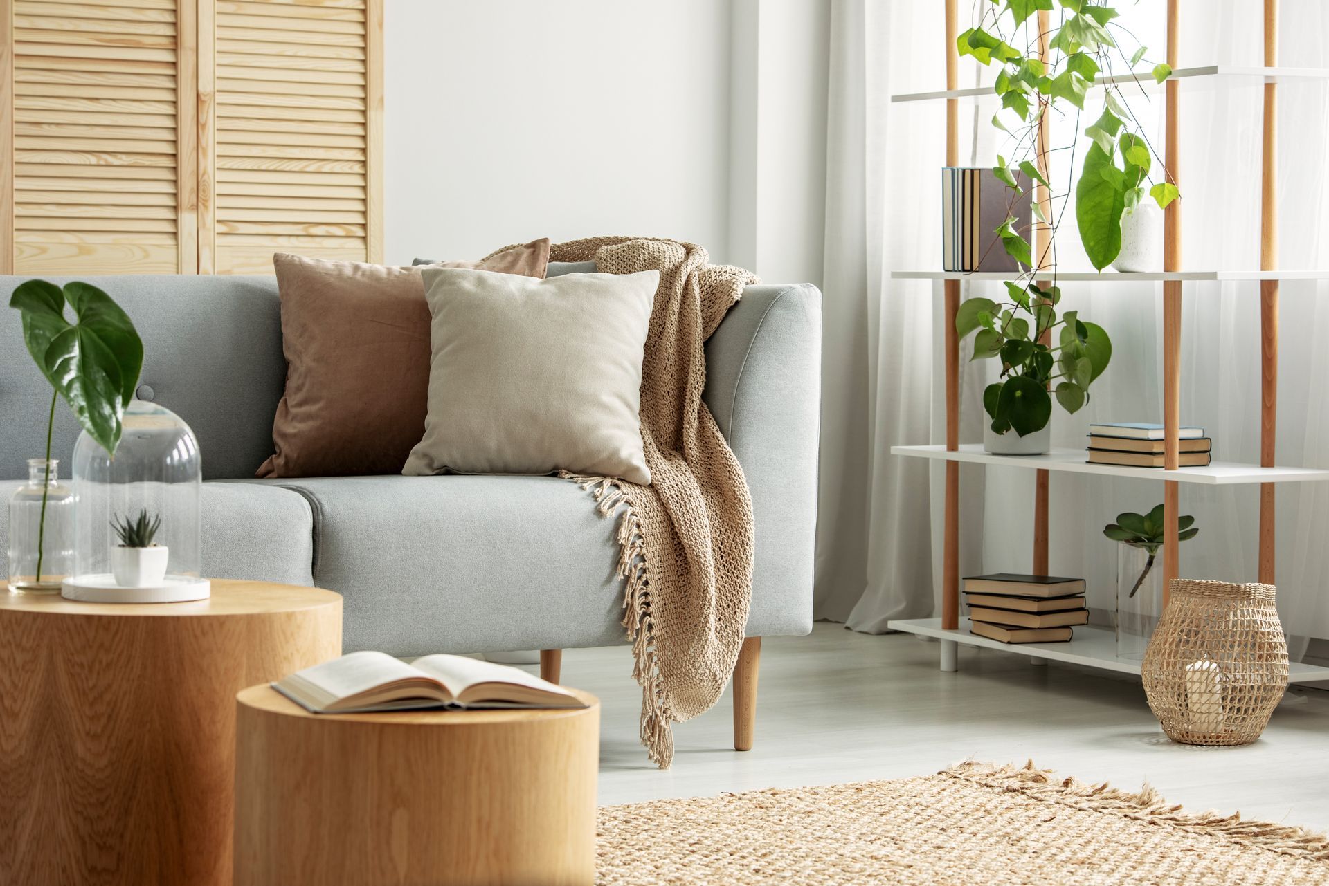 Salon cosy avec un canapé gris, des tables basses en bois et une bibliothèque avec des plantes.
