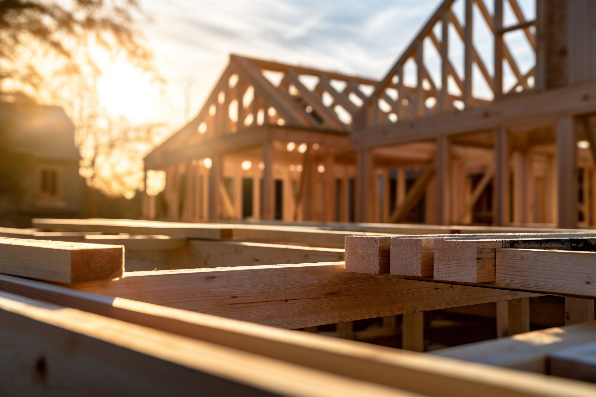 Vue rapproch&eacute;e d'une charpente en bois d'une maison en construction au coucher du soleil.