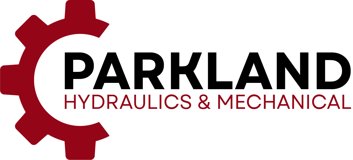 A logo for parkland hydraulics and mechanical with a red gear.